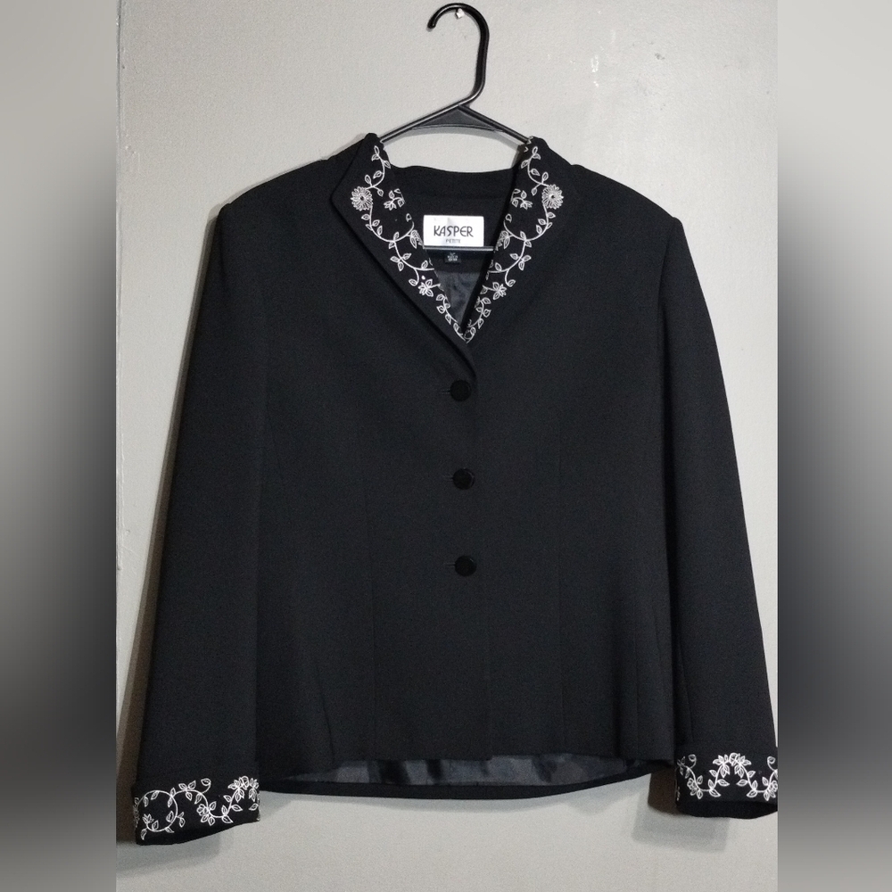 Kasper Floral Embroidered Blazer Evening Jacket Dressy Sequins Black White (10P) - Picture 1 of 11
